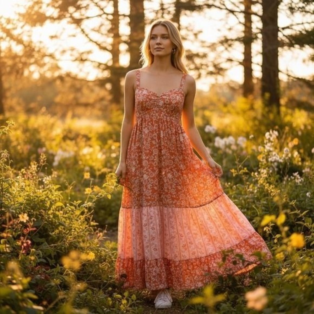 band of the free Boho Floral Maxi‎ Dress Orange Size Small NWT